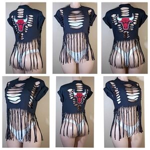 Edgy Black Fringe Cutout Tee